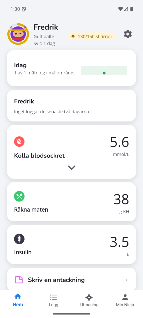 Startsidan i DiabetesNinja-appen där barnet loggar blodsocker, kolhydrater och insulin